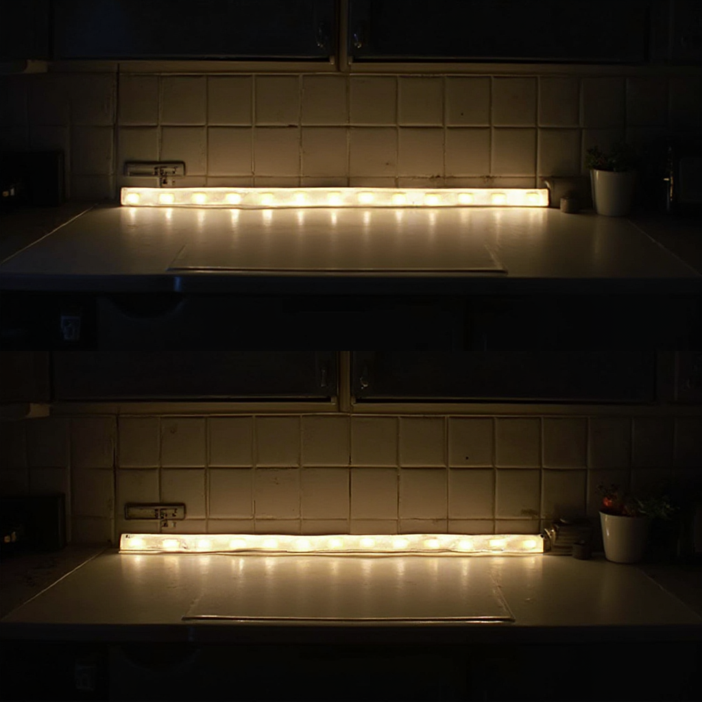 Porównanie taśm LED 3528 i COB na ciemnym blacie kuchennym: pierwsza z widocznymi punktowymi diodami, druga z jednolitą linią światła, widok z góry