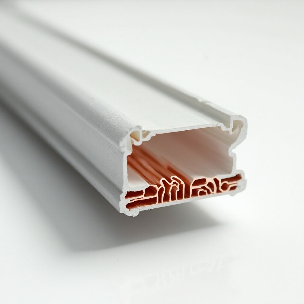 Przekrój profilu aluminiowego z taśmą COB: widoczne miedziane ścieżki, silikonowa powłoka i matowy dyfuzor rozpraszający światło, widok z boku