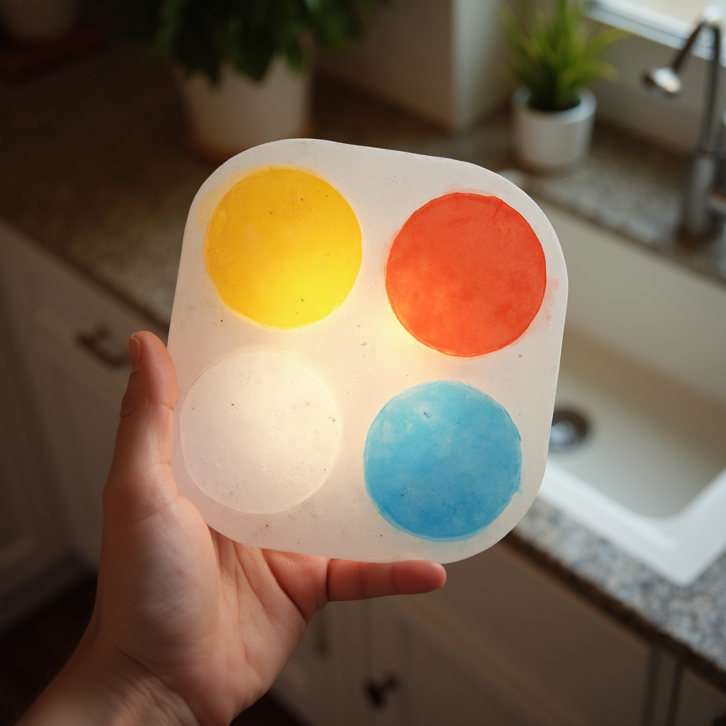 Ręka trzymająca próbnik barwy światła nad blatem kuchennym: widoczne trzy strefy z różnymi temperaturami kolorystycznymi (ciepłą, neutralną, zimną), widok z góry