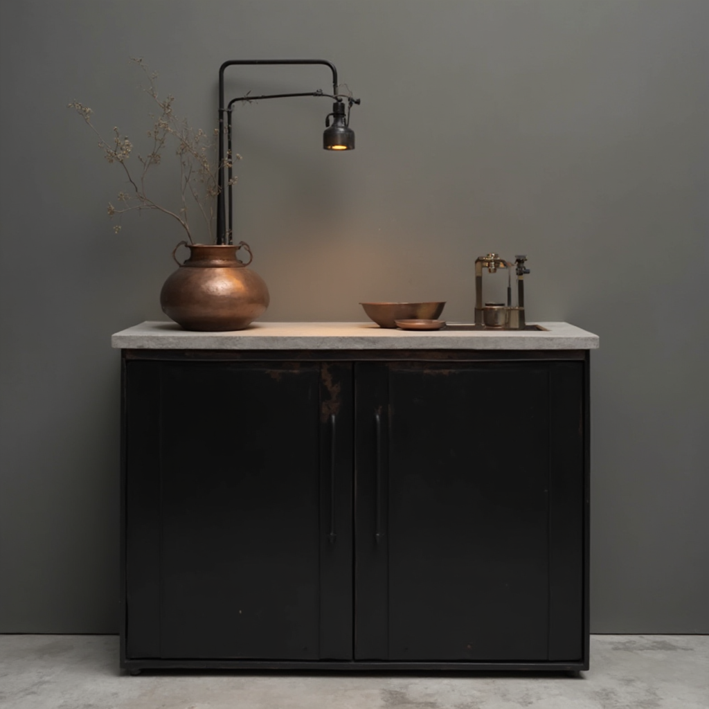 Industrialna szafka z czarnej stali z widocznym profilem LED w kształcie litery U, podświetlającym betonowy blat z miedzianym garnkiem, widok z ukosa
