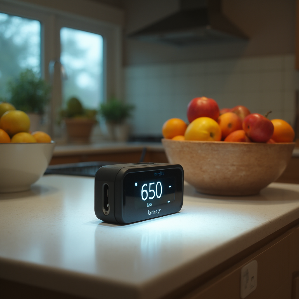 Luksomierz pokazujący wartość 650 lx na oświetlonym LED-ami blacie kuchennym obok misek z owocami, widok z boku