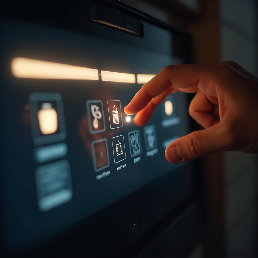 Dłoń dotykająca panelu sterowania LED z podświetlanymi ikonami gotowania i kolacji, w tle podświetlona szafka kuchenna, widok z bliska