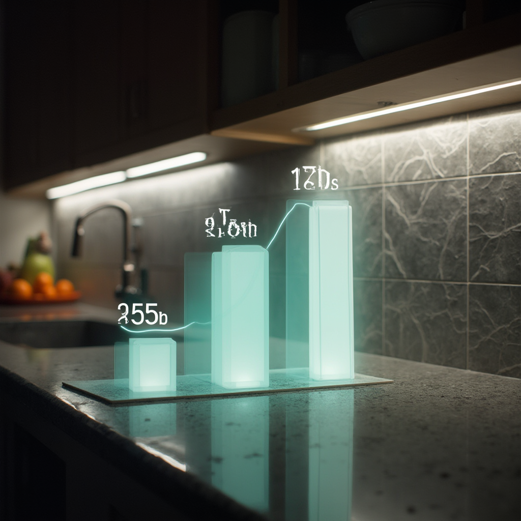 Wykres słupkowy porównujący zużycie energii przez LED-y i halogeny w okresie 5 lat, na tle kuchennego blatu z diodami