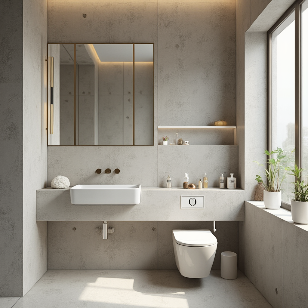 Pełna wysokość ściany łazienkowej wyłożonej panelami winylowymi w stylu betonu szlachetnego, widoczne łączenia typu click-system, lustro w mosiężnej ramie, kadr poziomy