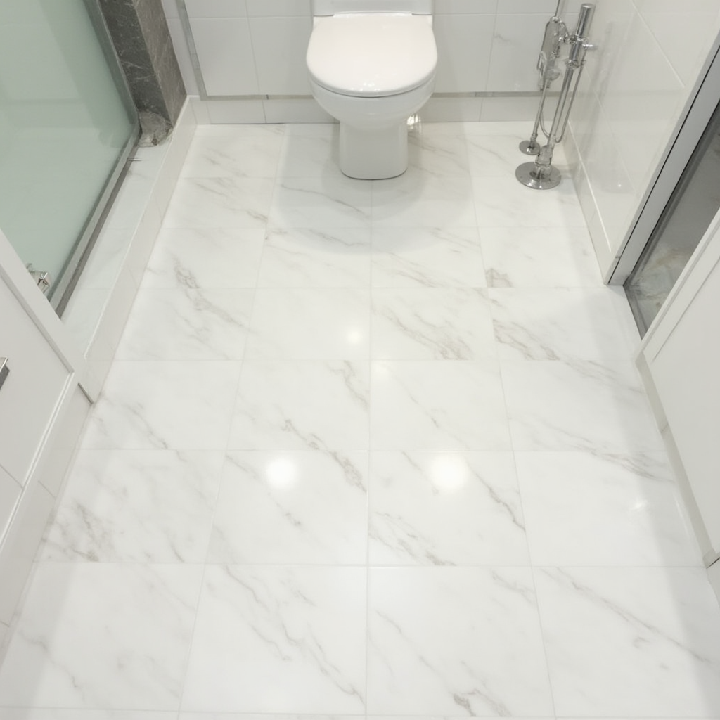 Podłoga łazienkowa z paneli laminowanych imitujących biały marmur, widoczne systemowe listwy przypodłogowe, kadr z perspektywy żabiej