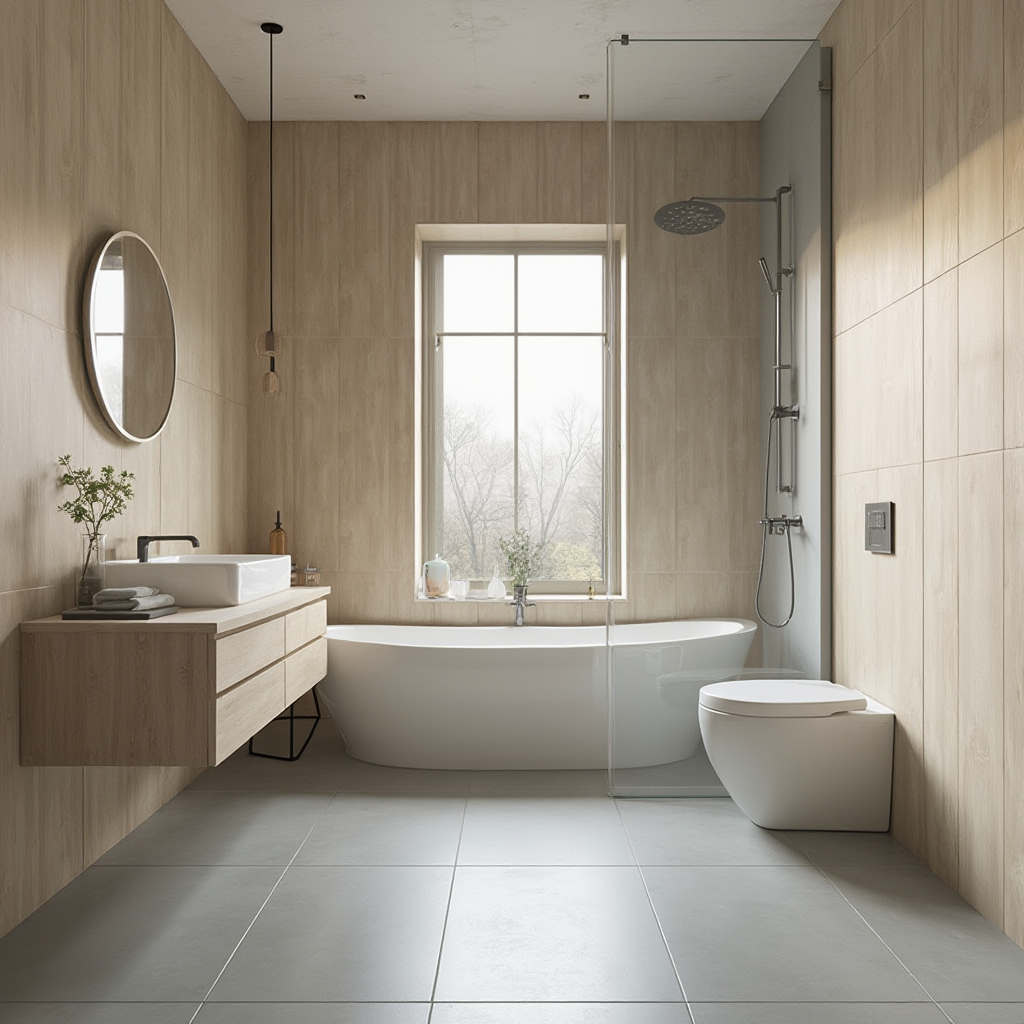 Łazienka w stylu skandynawskim z panelami ściennymi w odcieniu jasnego dębu i podłogą z szarego winylu, wisząca szklana kabina prysznicowa, kadr szerokokątny