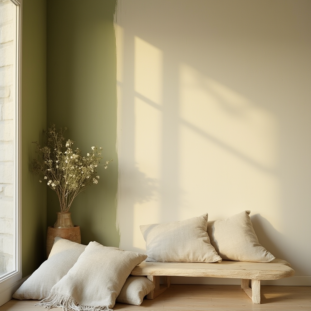 Ściana w ciepłym beżowym odcieniu z akcentem oliwkowej zieleni, kontrastująca z jasnym drewnianym stołem i lnianymi poduszkami; kadr ujęty pod kątem, podkreślający grę świateł na fakturze farby.