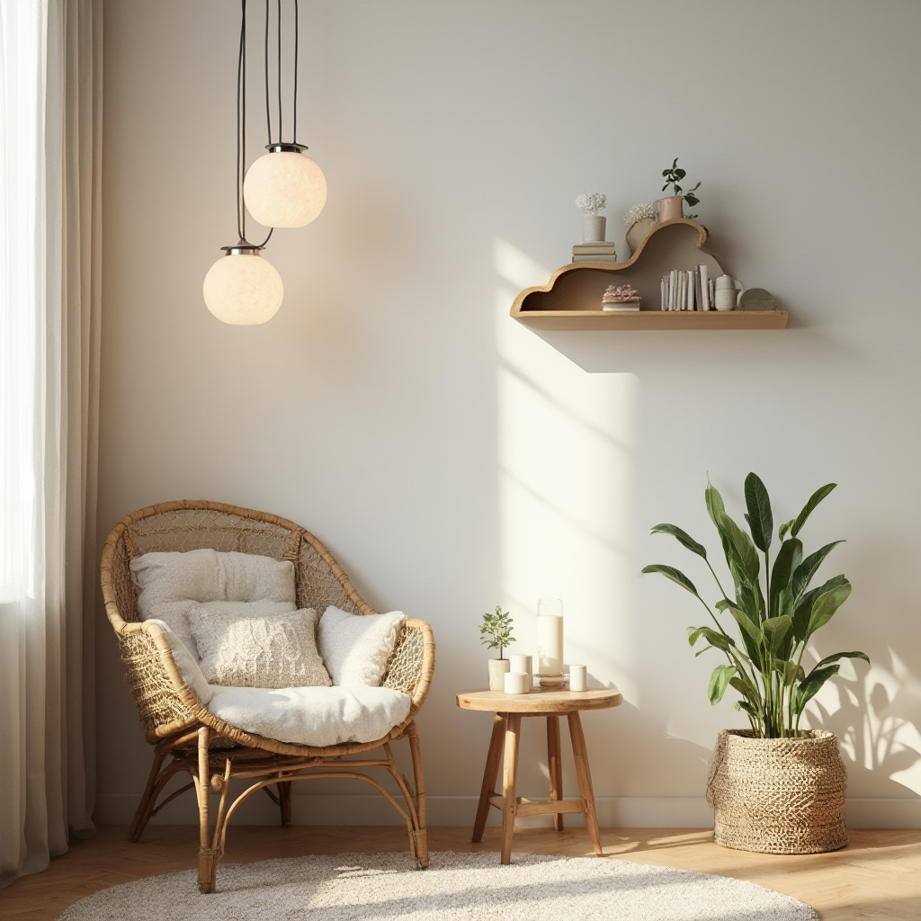Narożnik pokoju z wiklinowym fotelem, wiszącą półką w kształcie chmury, okrągłym drewnianym stolikiem i stojakiem na rośliny; oświetlenie tworzą kuliste lampy wiszące.