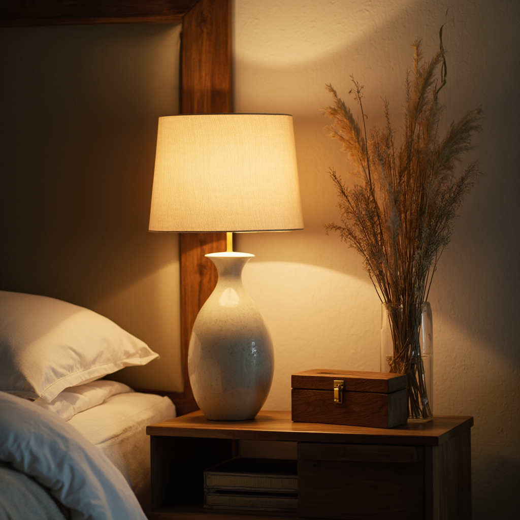 Stolik nocny z ceramiczną lampą w kształcie wazy, otoczony suszonymi trawami i drewnianą szkatułką; ciepłe żarówki tworzą plamy świetlne na teksturowanej ścianie.