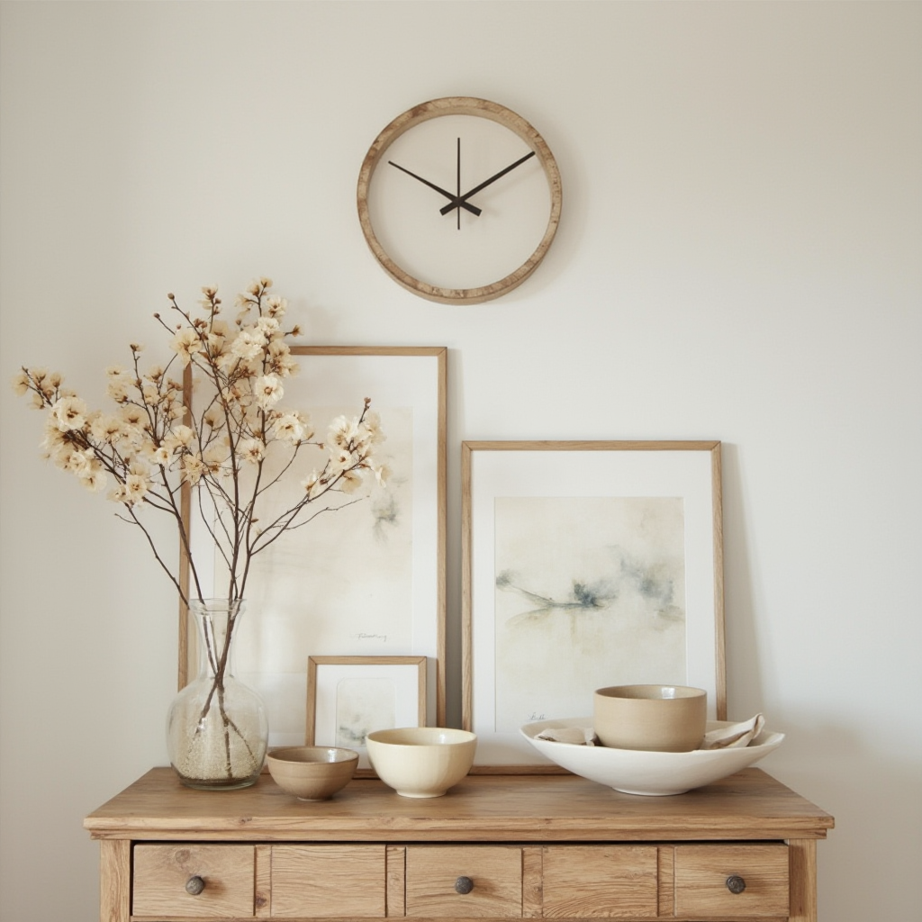 Kompozycja na drewnianej półce: ceramiczne miseczki w odcieniach kości słoniowej, zasuszone kwiatostany piwonii, minimalistyczny zegar ścienny i kilka oprawionych w ramy akwareli.