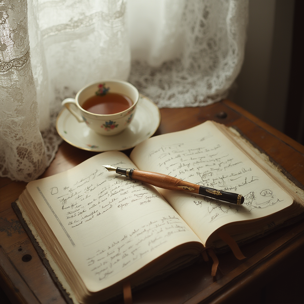 Ujęcie z góry na stolik z otwartym pamiętnikiem, piórem ze złotą stalówką i filiżanką herbaty na spodku; w tle miękkie światło padające przez koronkową zasłonę.