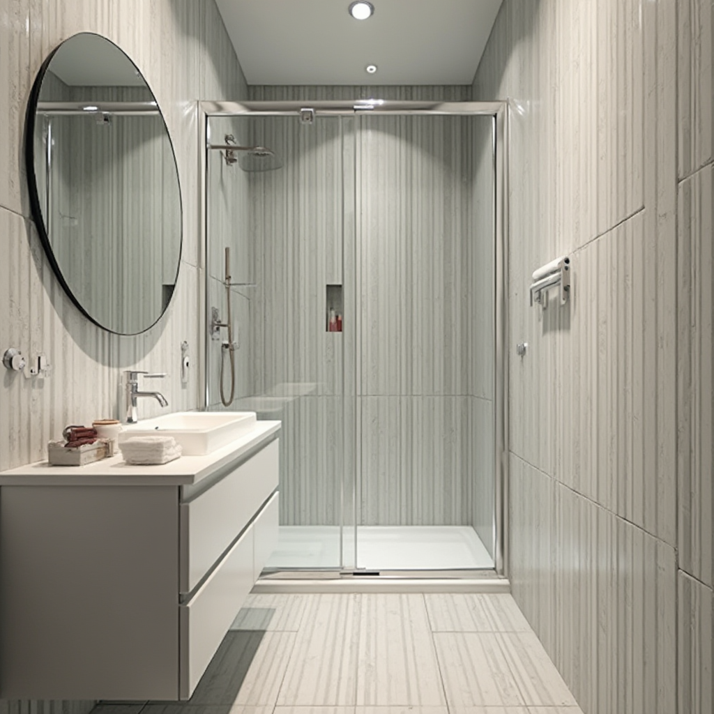 Wąska łazienka z płytkami 20x120 cm ułożonymi pionowo, lustro w formie okrągłej szyby, przestrzeń optycznie powiększona przez szklane drzwi prysznica