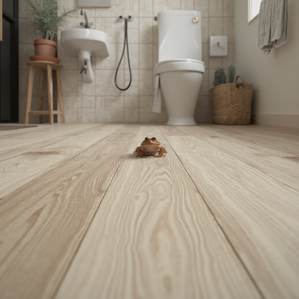 Nowoczesna podłoga łazienkowa z drewnopodobnymi płytkami gresowymi, widoczne struktury antypoślizgowe, kadr z perspektywy żabiej