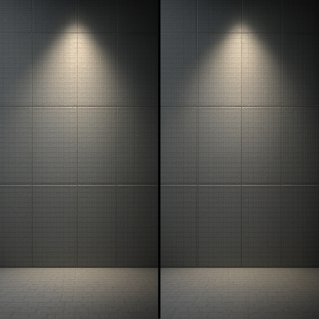Porównanie ściany z płytkami matowymi i błyszczącymi w odcieniu grafitu, różnice w odbijaniu światła, kadr z kontrastującym oświetleniem