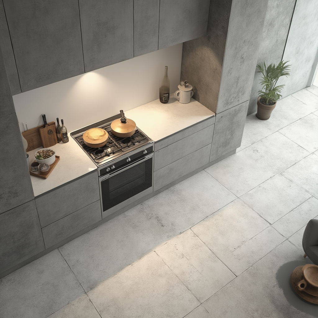 Nowoczesna kuchnia z betonopodobnymi płytkami matowymi na podłodze i błyszczącym białym splashbackiem za kuchenką, widok z lotu ptaka