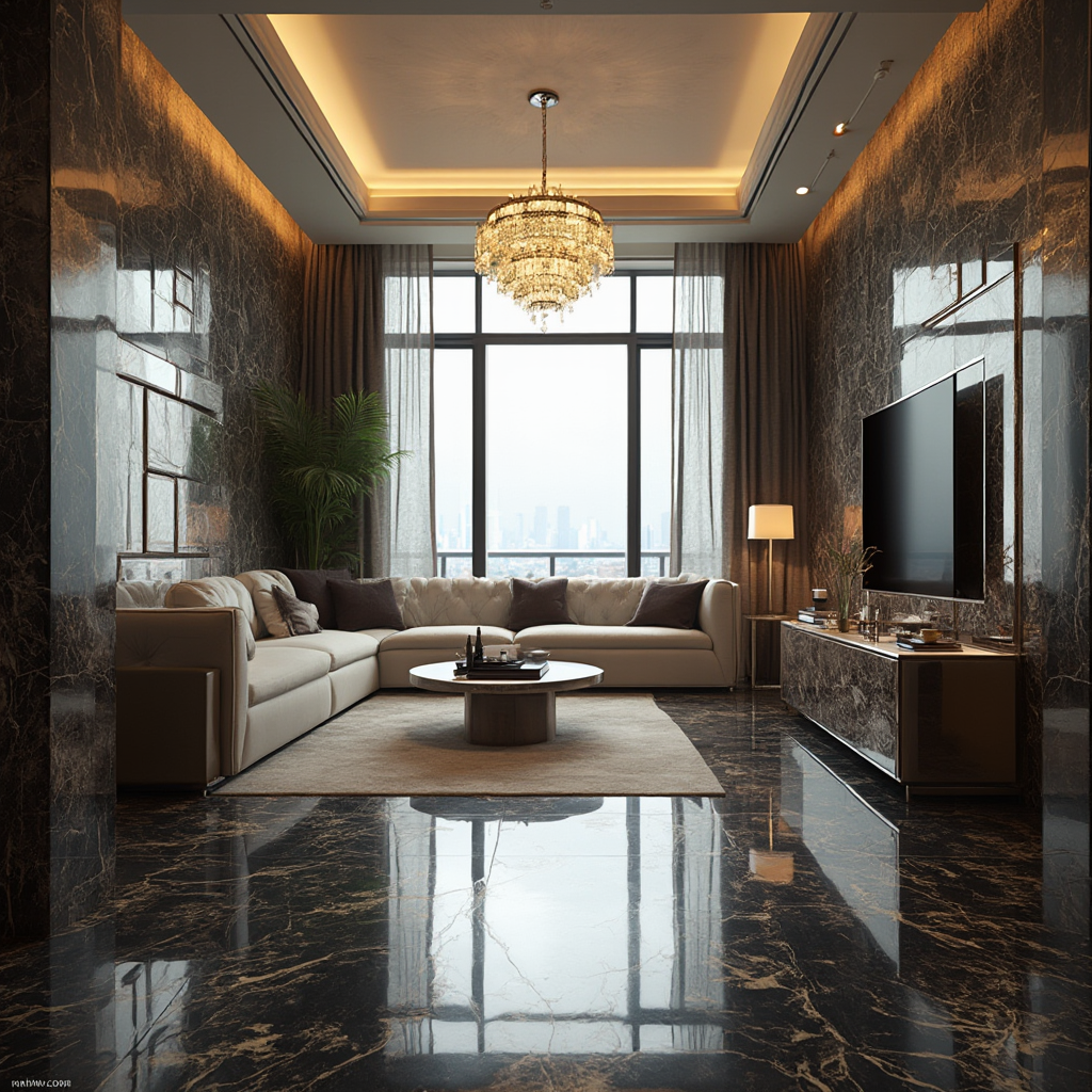 Luksusowy salon z błyszczącymi płytkami w kolorze onyksu, lustrzane odbicie żyrandola i wysokich okien, perspektywa z niskiego punktu