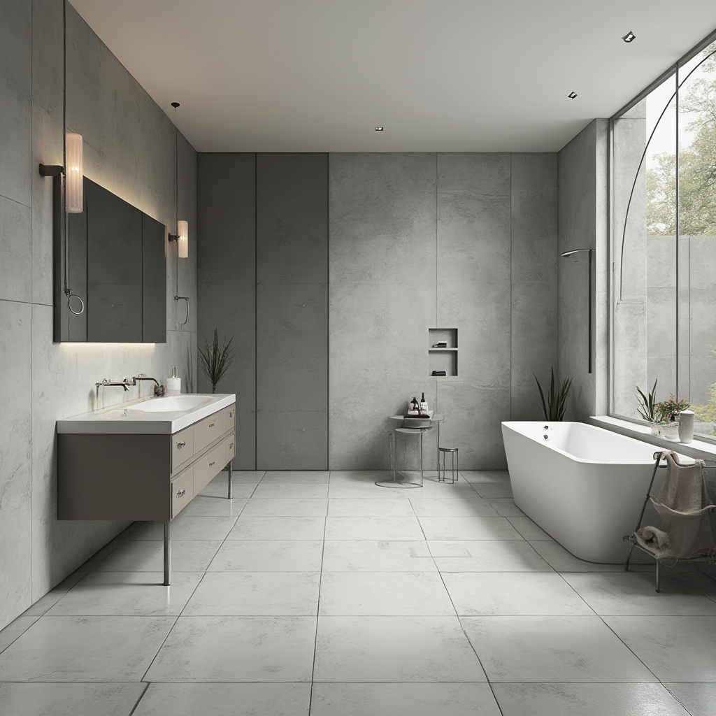 Przejście gradientowe od matowych do błyszczących płytek w odcieniach szarości w nowoczesnej łazience, widok na całość pomieszczenia