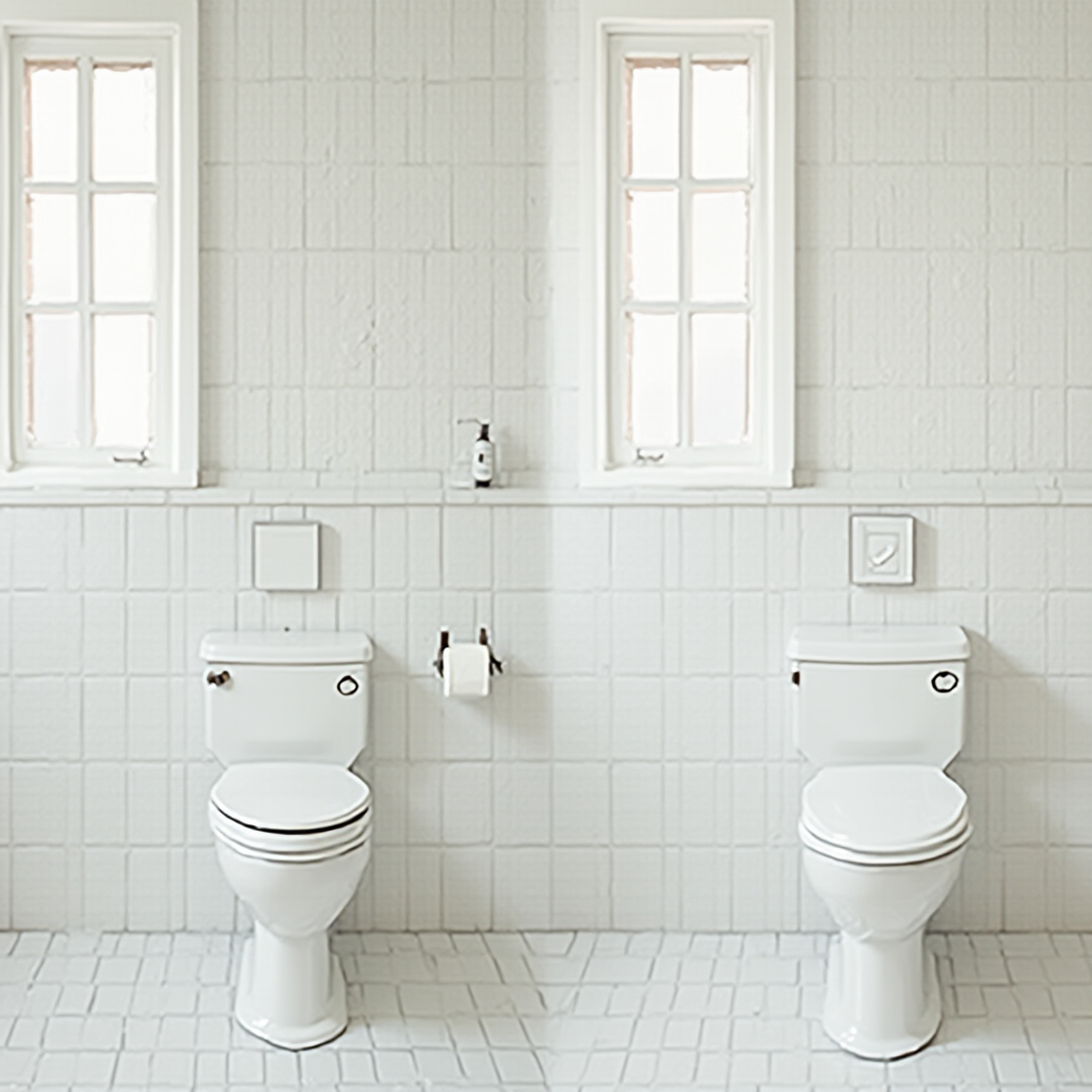 Porównanie białych płytek matowych i błyszczących w identycznie urządzonej łazience, różnice w odbiorze światła i głębi koloru