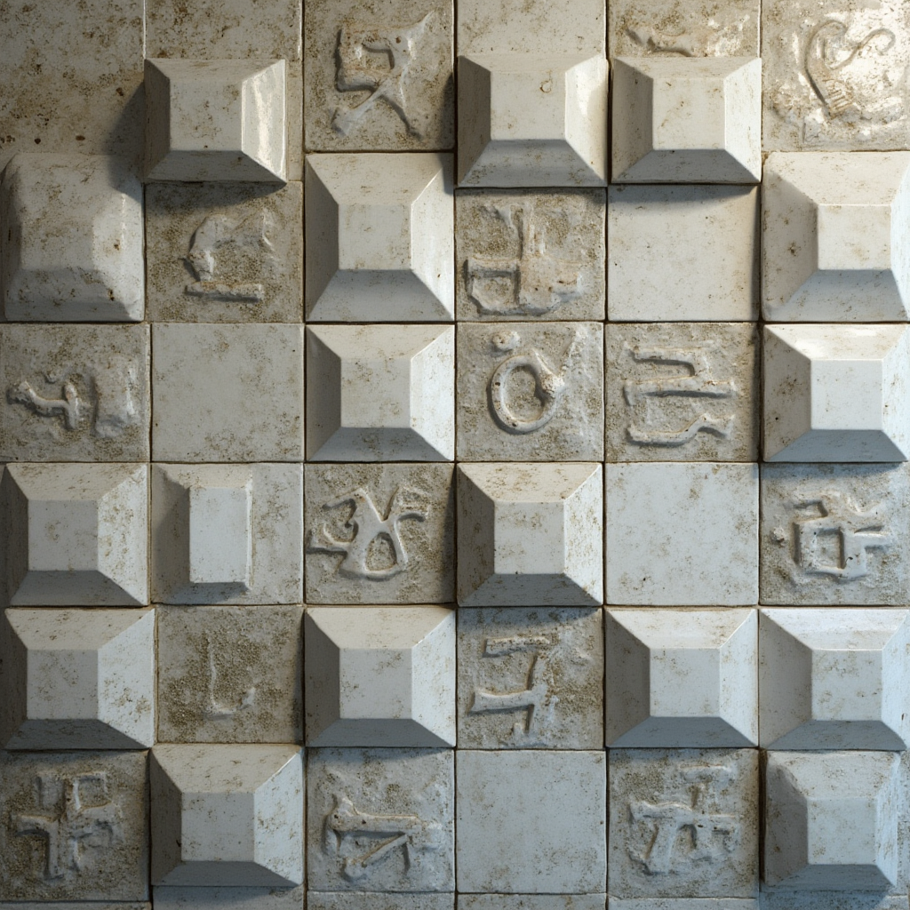 Kompozycja dekoracyjna z płytkami matowymi i błyszczącymi ułożonymi w geometryczny wzór, subtelne oświetlenie akcentujące faktury