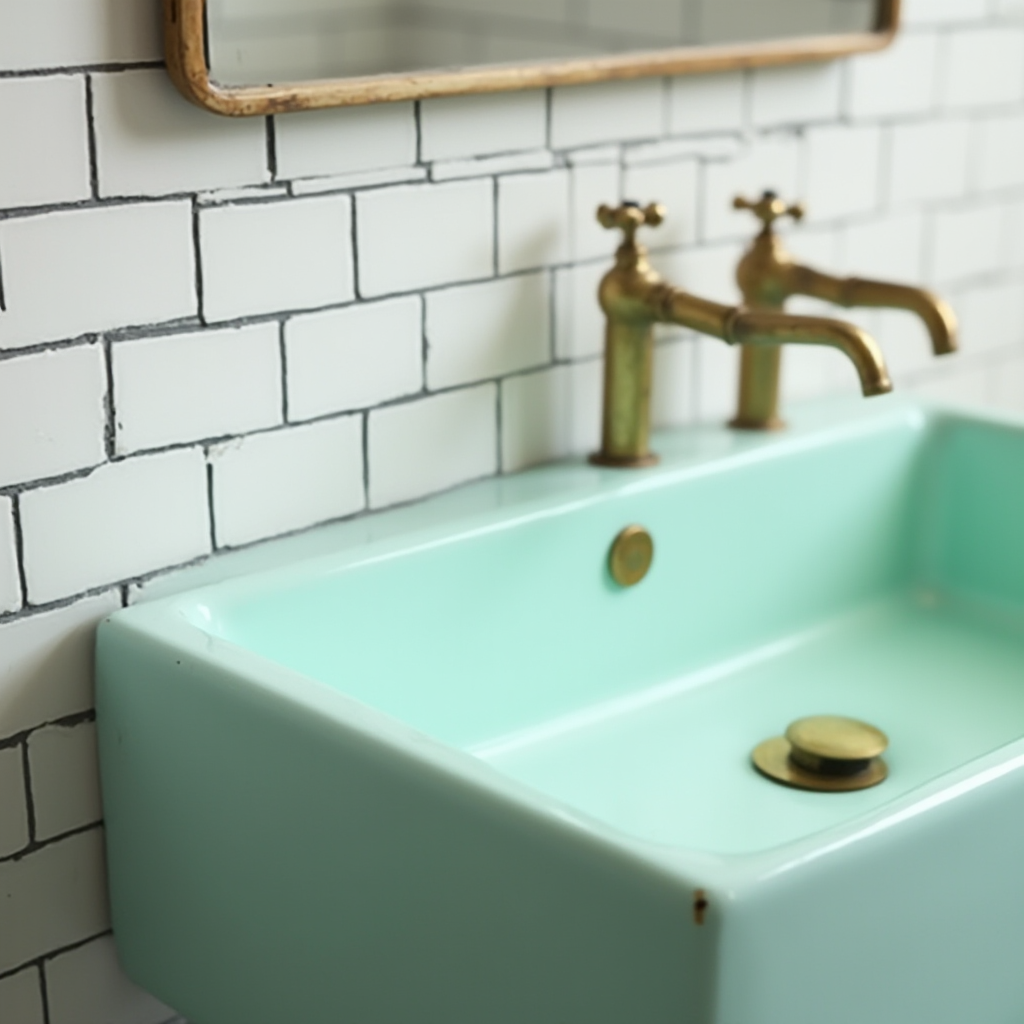 Detal umywalki retro w kolorze mięty z mosiężnymi kranami, na tle ściany z białych płytek z czarnymi fugami, kadr z góry pod kątem 45 stopni