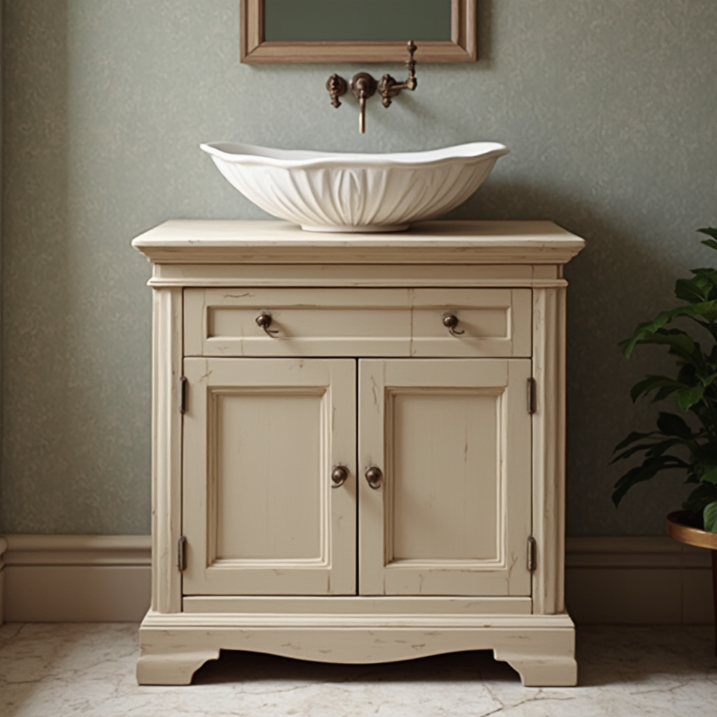 Wolnostojąca drewniana szafka łazienkowa w kolorze mlecznej kawy z mosiężnymi gałkami, na wierzchu ceramiczna umywalka w kształcie muszli, kadr frontalny z lekkim rozmyciem tła