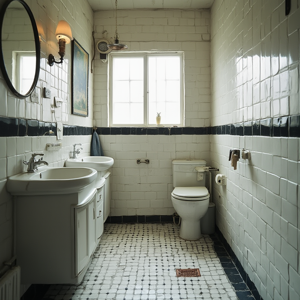 Wąska łazienka retro z poziomym układem biało-czarnych płytek, wisząca okrągła umywalka z miedzianym odpływem, kadr panoramiczny z widocznym efektem wydłużenia przestrzeni