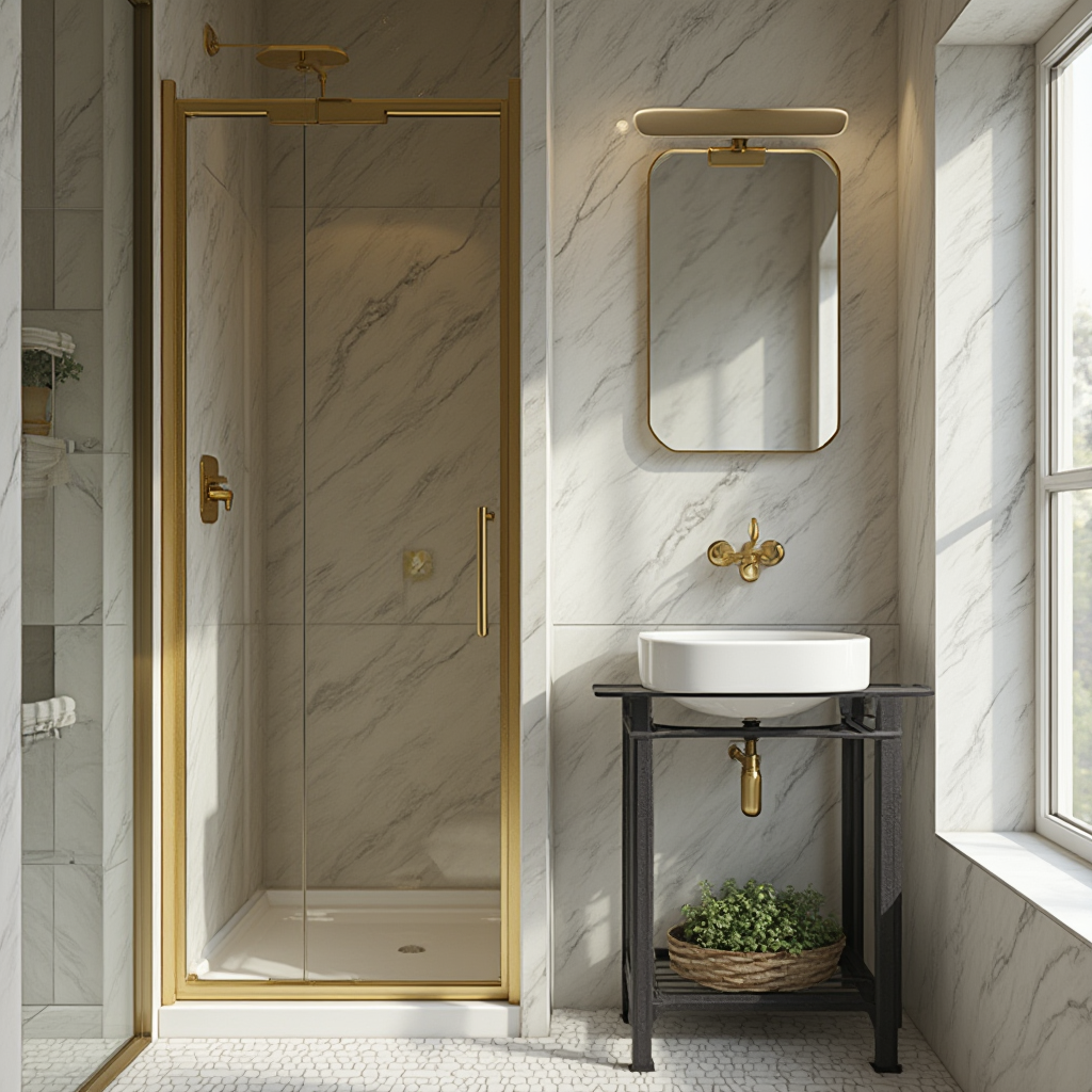 Nowoczesna kabina prysznicowa ze szklanymi drzwiami w złotej ramie, obok tradycyjna umywalka na żeliwnym stelażu, kadr ukośny podkreślający kontrast