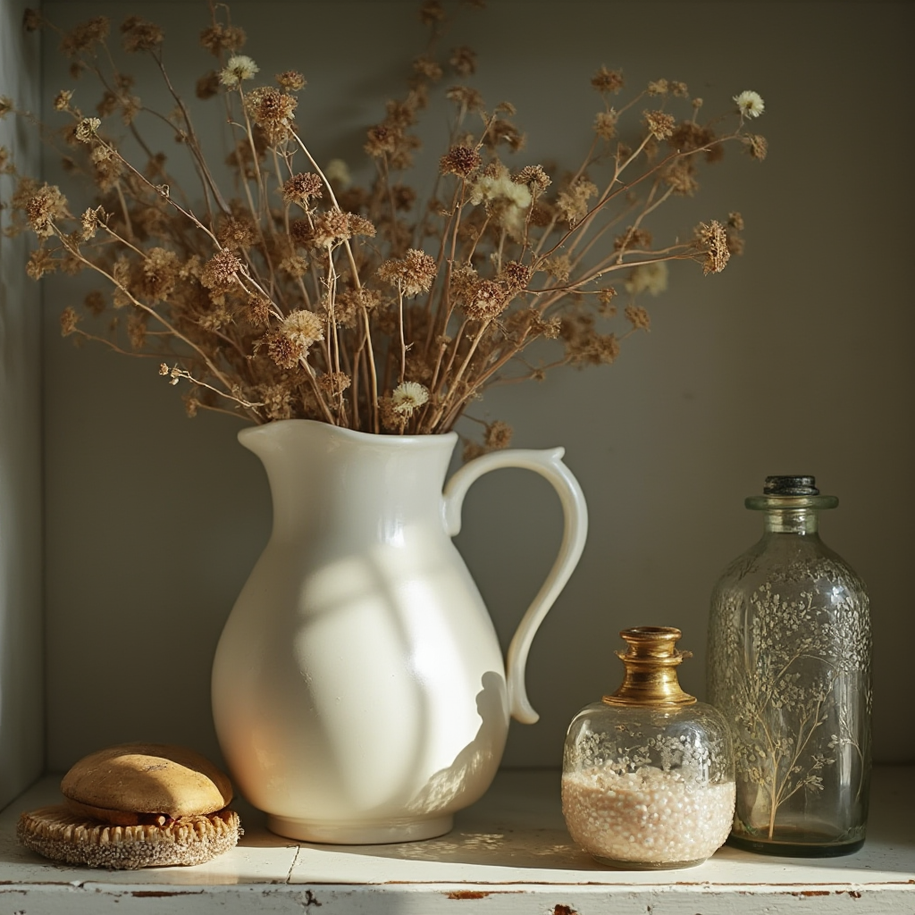 Kompozycja dekoracyjna na półce retro: ceramiczny dzbanek z suszonymi kwiatami, mosiężna szczotka do włosów, szklany flakon z perłową nakładką, kadr z bliska z miękkim oświetleniem