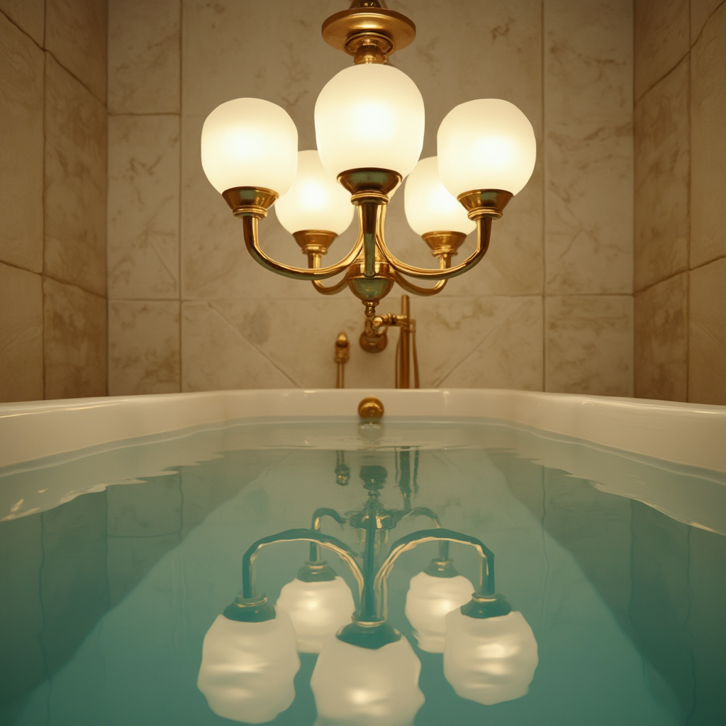 Złoty żyrandol retro z pięcioma mlecznymi kloszami, zawieszony nad wanną, odbijający się w wodzie, kadr z dołu pod kątem 30 stopni