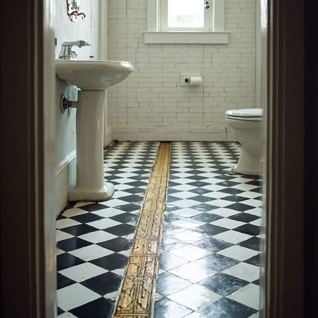 Podłoga w łazience retro z czarno-białych płytek ułożonych w szachownicę, na pierwszym planie mosiężny odpływ liniowy, kadr z wysokości kolan