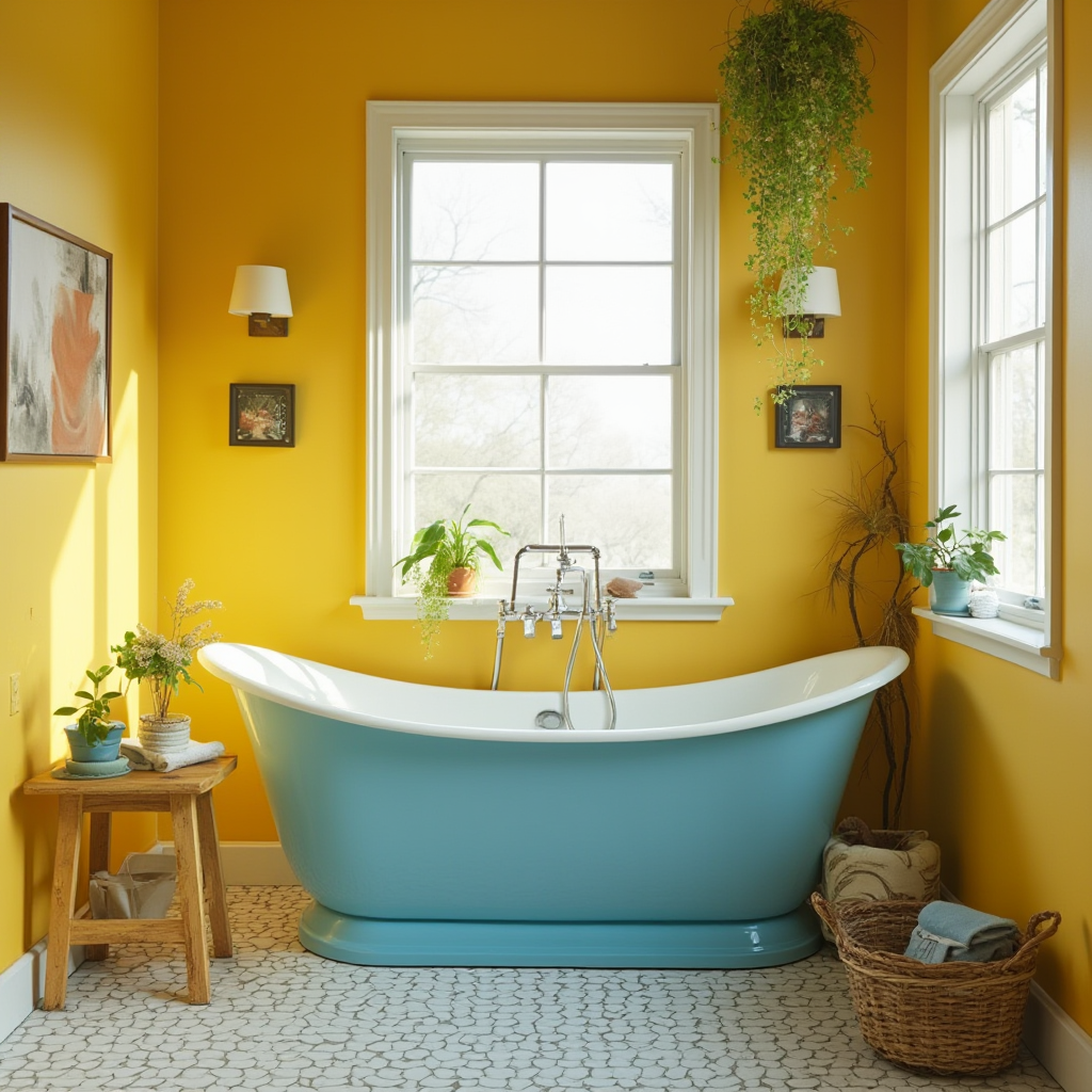 Kompletna aranżacja retro łazienki z żółtymi ścianami, błękitną wanną wolnostojącą, drewnianym stołkiem i wiszącą roślinnością, kadr szerokokątny z naturalnym oświetleniem przez okno