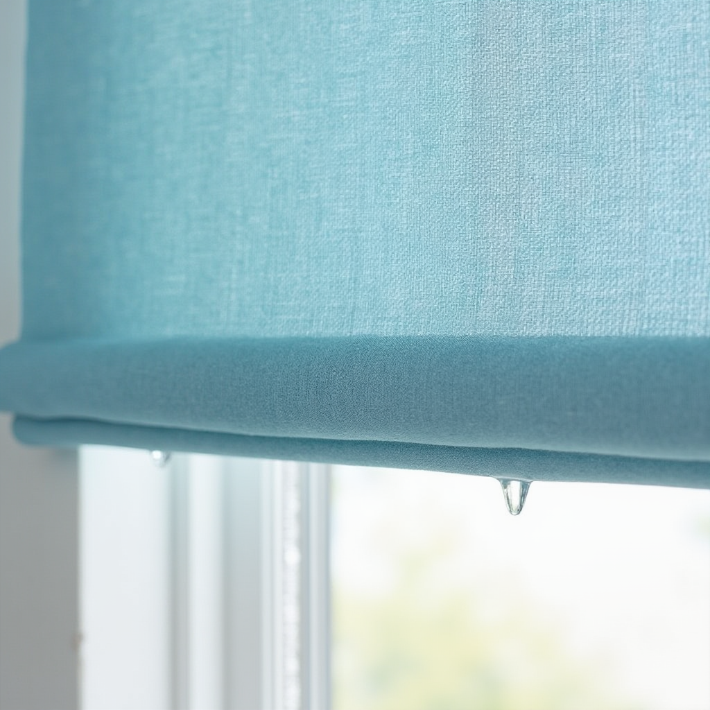 Detal rolety kuchennej w kolorze morskiego błękitu z widocznymi kroplami wody spływającymi po materiale. Kadr zbliżenia pokazuje strukturę splotu odpornego na zabrudzenia.