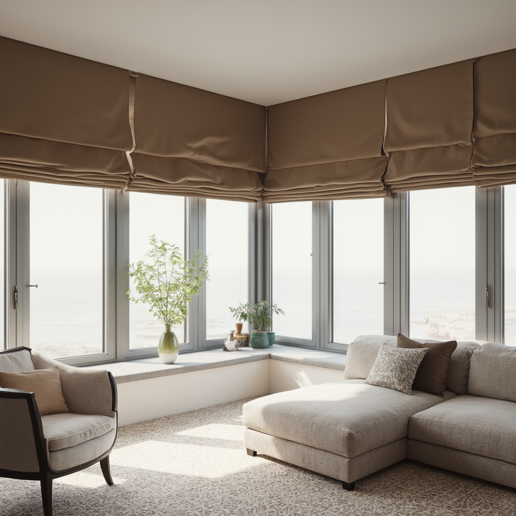 Przestronny salon z panoramicznym oknem i roletami rzymskimi w odcieniu mokka. Kadr ukazuje układanie się płaskich fałd oraz współgrający z nimi dywan w geometryczne wzory.