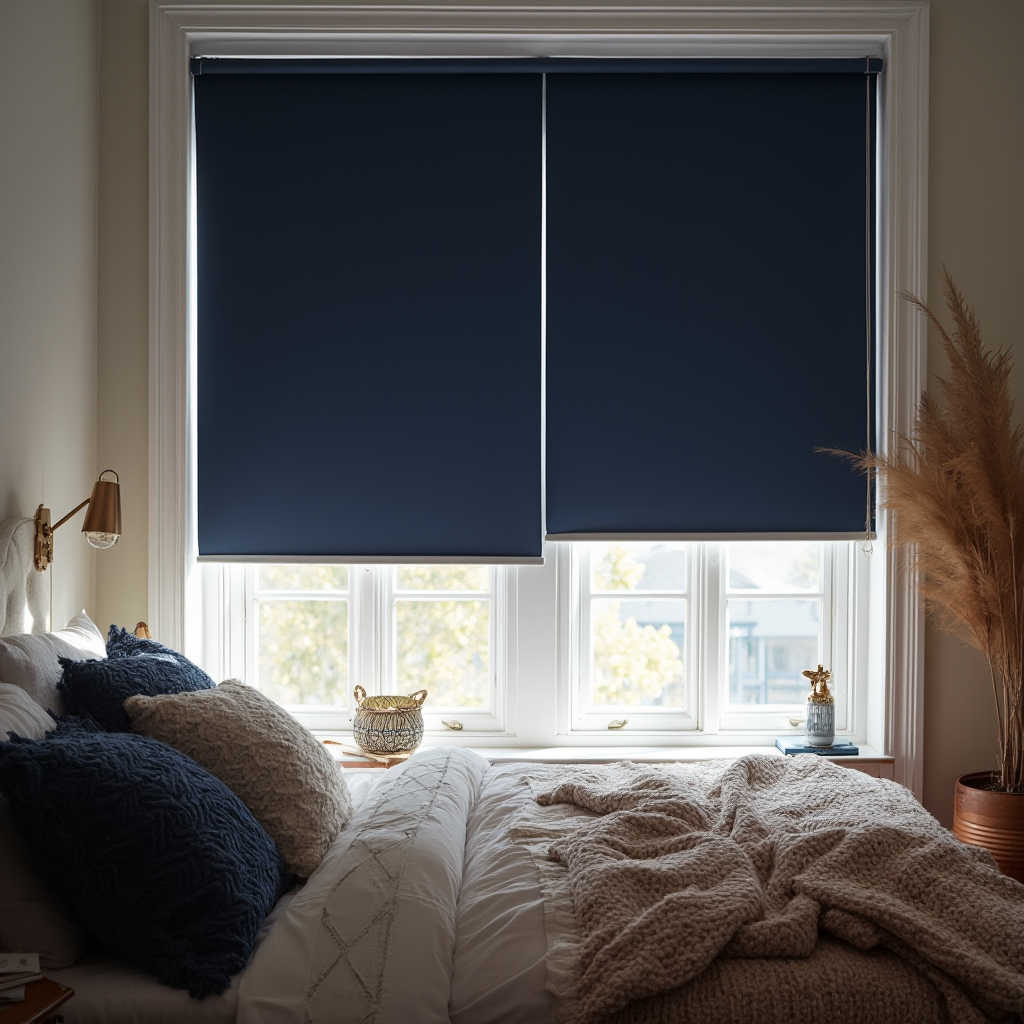 Sypialnia z łóżkiem w stylu boho i całkowicie zaciemnionym oknem dzięki roletom blackout w kolorze granatu. Kadr podkreśla kontrast między przytłumionym światłem a złotymi akcentami w dekoracjach.