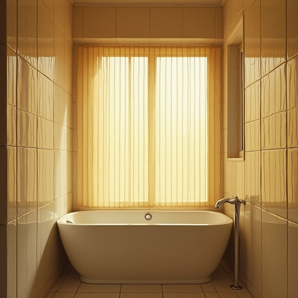 Wąskie okno w łazience z pionowymi żaluzjami w kolorze starego złota. Kadr ukazuje odbicie światła na kaflach i efekt poszerzenia przestrzeni.