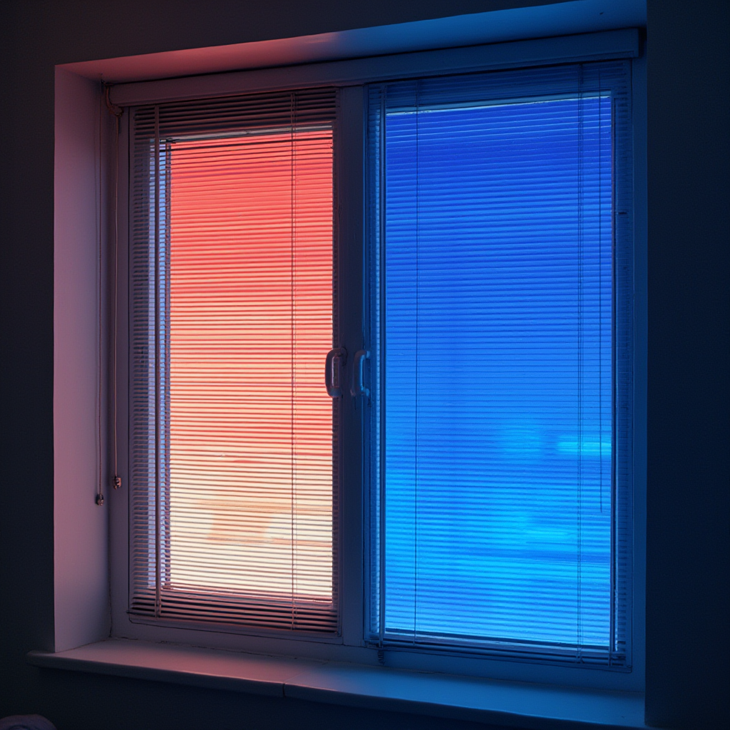 Porównanie okna z roletą termiczną i bez niej – kamera termowizyjna pokazuje różnicę w rozkładzie temperatur. Kadr akcentuje niebieskie odcienie po stronie zabezpieczonej roletą.