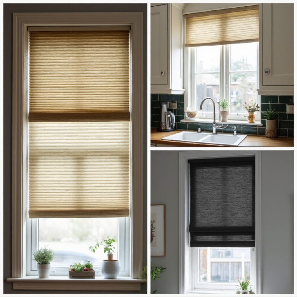 Kolaż pokazujący te same okno z różnymi typami rolet: plisą w kuchni, drewnianą żaluzją w salonie i blackoutem w sypialni. Kadr utrzymany w stylu moodboard z subtelnymi cieniami.