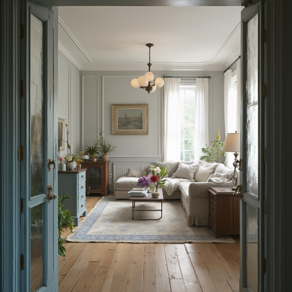 Szerokie ujęcie salonu w stylu vintage ze zintegrowaną strefą dzienną i jadalną. Widać kompozycję starej drewnianej szafki nocnej przemalowanej na niebiesko, nowoczesnej kanapy w pluszu i żyrandola z kulami z mlecznego szkła. Kadr z perspektywy człowieka wchodzącego do pomieszczenia.
