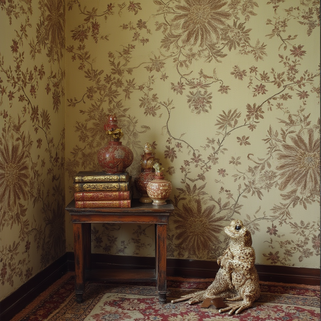 Fragment ściany z tapetą w duże kwiatowe wzory w odcieniach brązu i kremu, obok drewniana etażerka z serią tłoczonych opraw książkowych i kolekcją ceramicznych figurek z PRL-u. Kadr z perspektywy żabiej, z widocznym fragmentem dywanu w etniczne wzory.