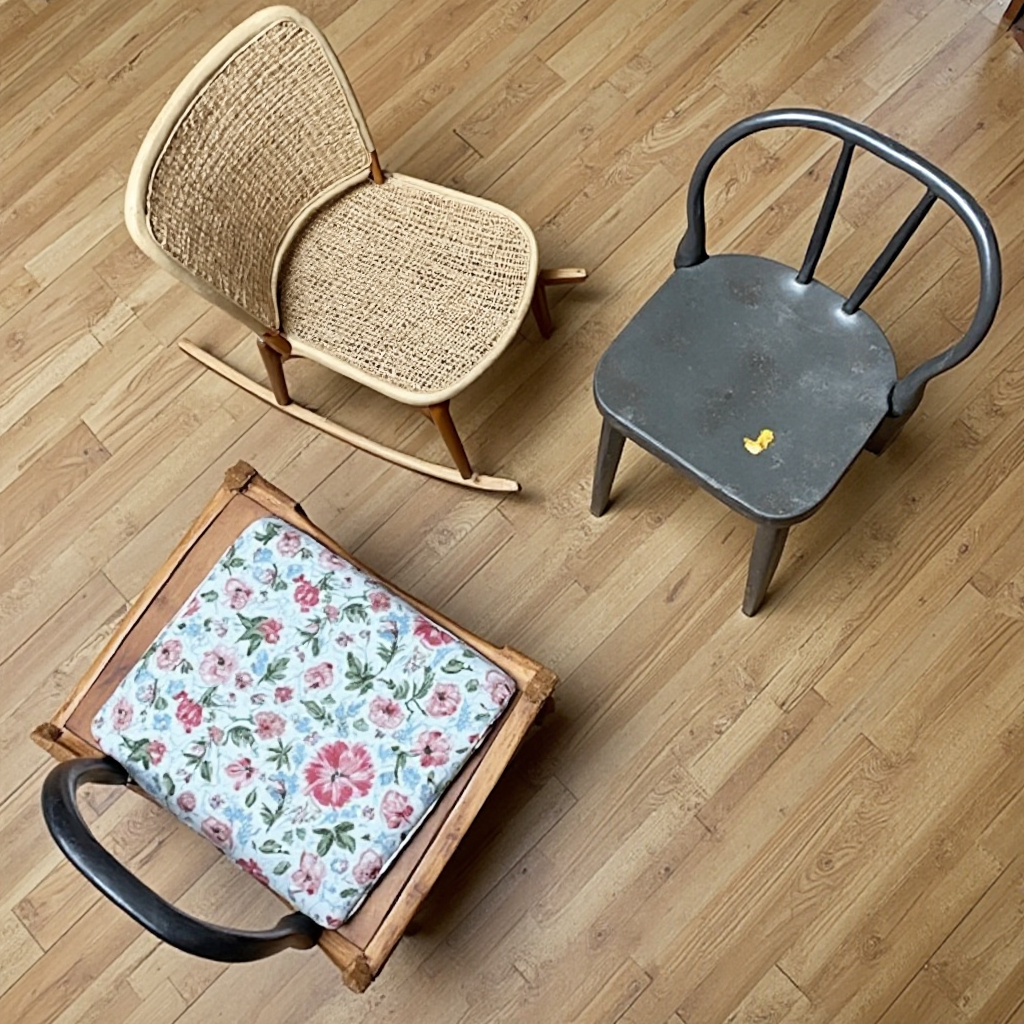 Kompozycja trzech różniących się stylistyką krzeseł: wiklinowy fotel bujany, krzesło Thoneta z wygiętym oparciem oraz współczesne siedzisko z metalowym stelażem i poduszką w kwiaty. Kadr z góry, z widocznym fragmentem deski podłogowej w jodełkę.