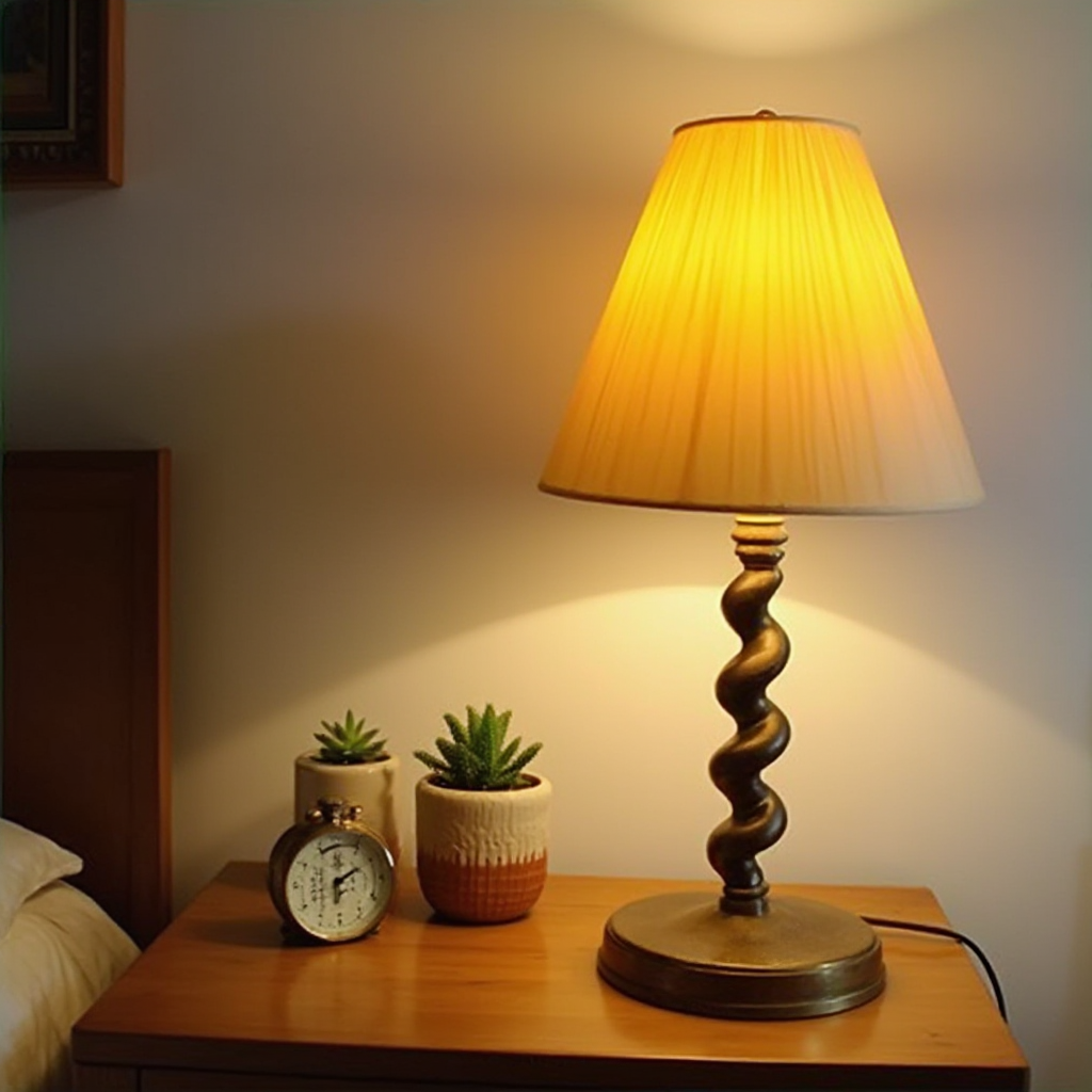Stolik nocny z lat 60. z lampą stojącą o spiralnej podstawie i stożkowym abażurze w kolorze miodowym. Na blacie mosiężny zegarek z tarczą w kropki i trzy ceramiczne doniczki z sukulentami. Kadr zbliżeniowy, oświetlony miękkim światłem bocznym.