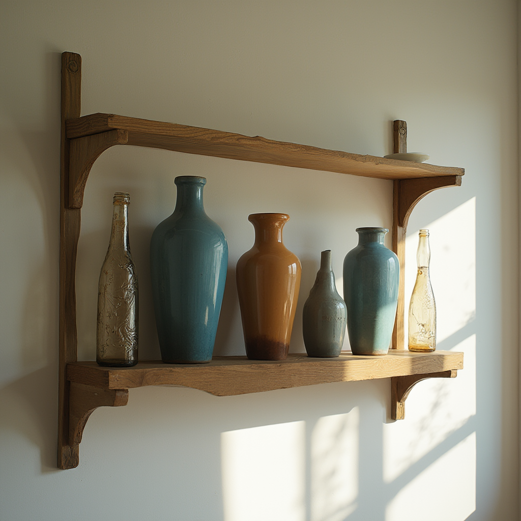 Drewniana półka ścienna z serią różnej wielkości ceramicznych wazonów z PRL-u w odcieniach błękitu i ochry, obok szklanych butelek z wytłoczonymi wzorami. Kadr z profilu, z widocznym cieniem rzucanym przez przedmioty na jasną ścianę.