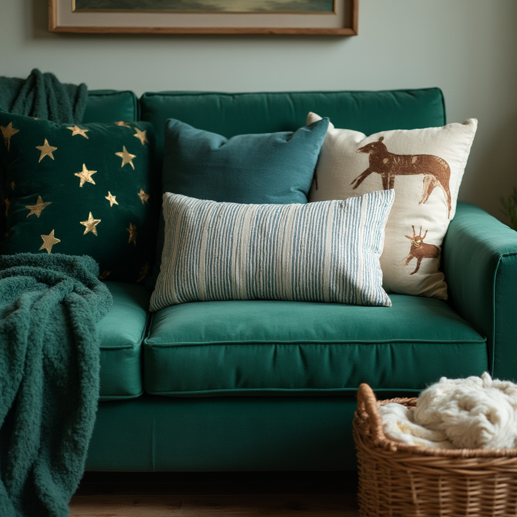 Kanapa w kolorze szmaragdowym obłożona trzema poduszkami: aksamitną w złote gwiazdy, lnianą w niebieskie paski i filcową z aplikacją zwierzęcego motywu. Kadr z perspektywy siedzącego, z widocznym fragmentem wiklinowego kosza z kocami.