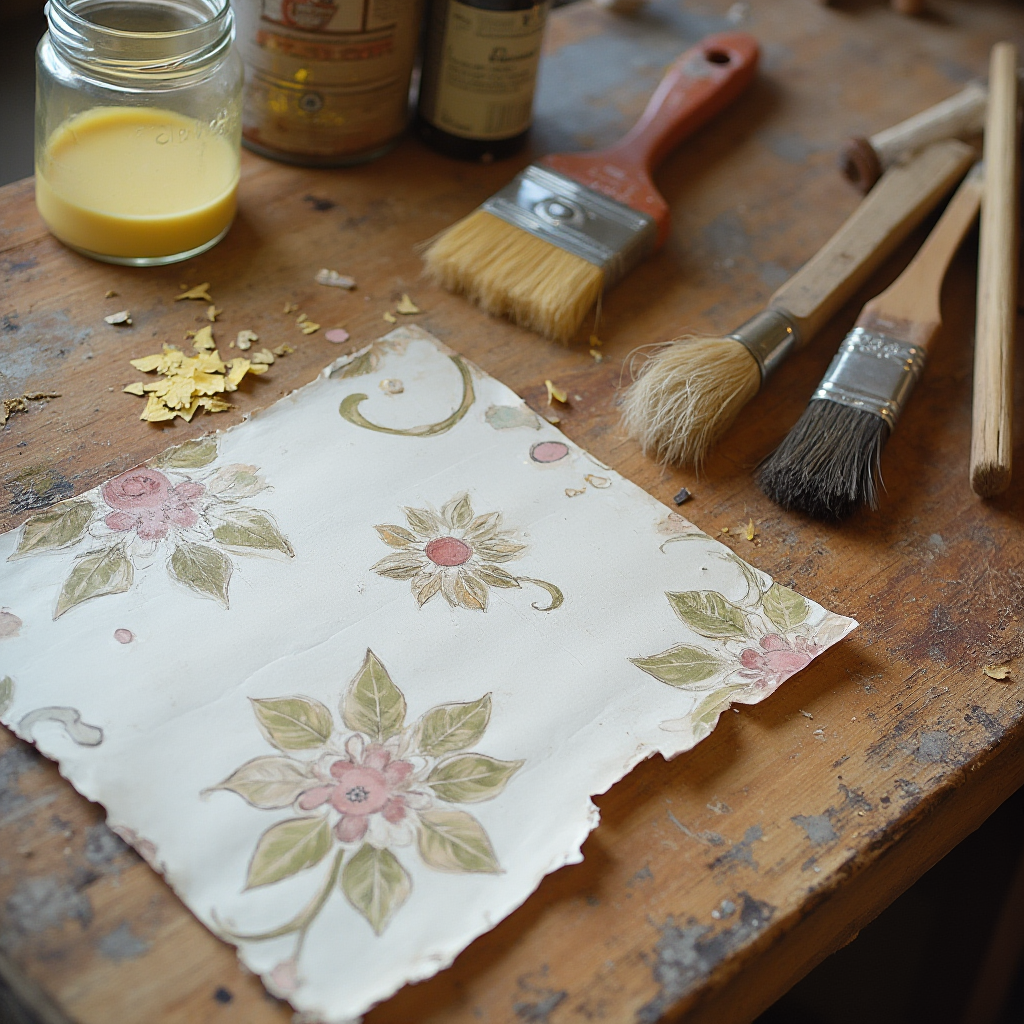 Stół roboczy warsztatowy z narzędziami do renowacji mebli: szklany pojemnik z lakierem, pędzle różnej grubości, fragment tapety w roślinne wzory przygotowanej do oklejenia szuflady. Kadr z boku, z widocznymi wiórami drewna na blacie.