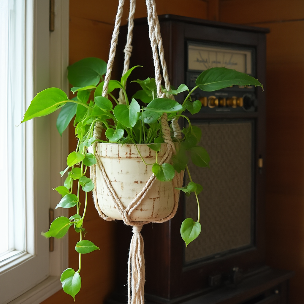 Wisząca donica makramowa z ceramiczna doniczką w kremowe wzory, w której rośnie pnący się epipremnum. W tle fragment drewnianej boazerii i pionowy radiowęzeł z mosiężnymi gałkami. Kadr ukośny z mocnym światłem z lewej strony.