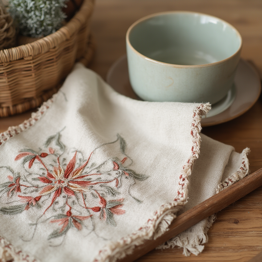 Zestawienie materiałów boho: zbliżenie na drewnianą tacę z ceramiką, lnianą serwetę z haftem i wiklinowy kosz na koc. Kadr z góry z ostrością na faktury.