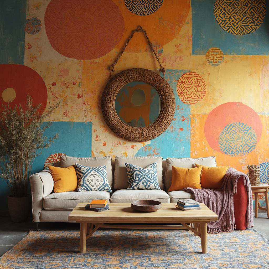 Kolorowa ściana w salonie boho z nakładającymi się wzorami: geometryczne kształty w ochrze i błękicie, z wiszącym lustrem w rattanowej ramie. Kadr ukazujący detale malowania.