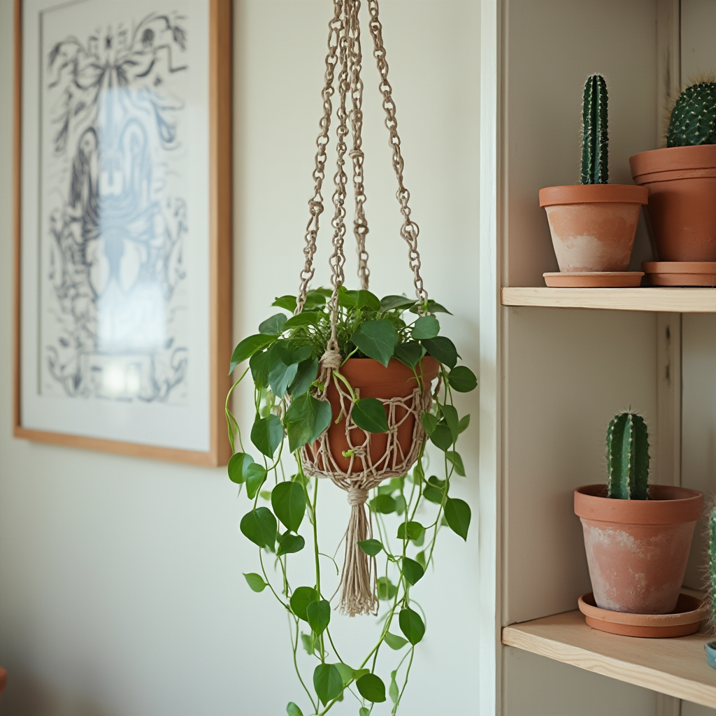 Wiszący kwietnik makramowy z pnącym epipremnum, obok półka z kaktusami w glinianych doniczkach. Kadr z boku z rozmytym tłem.
