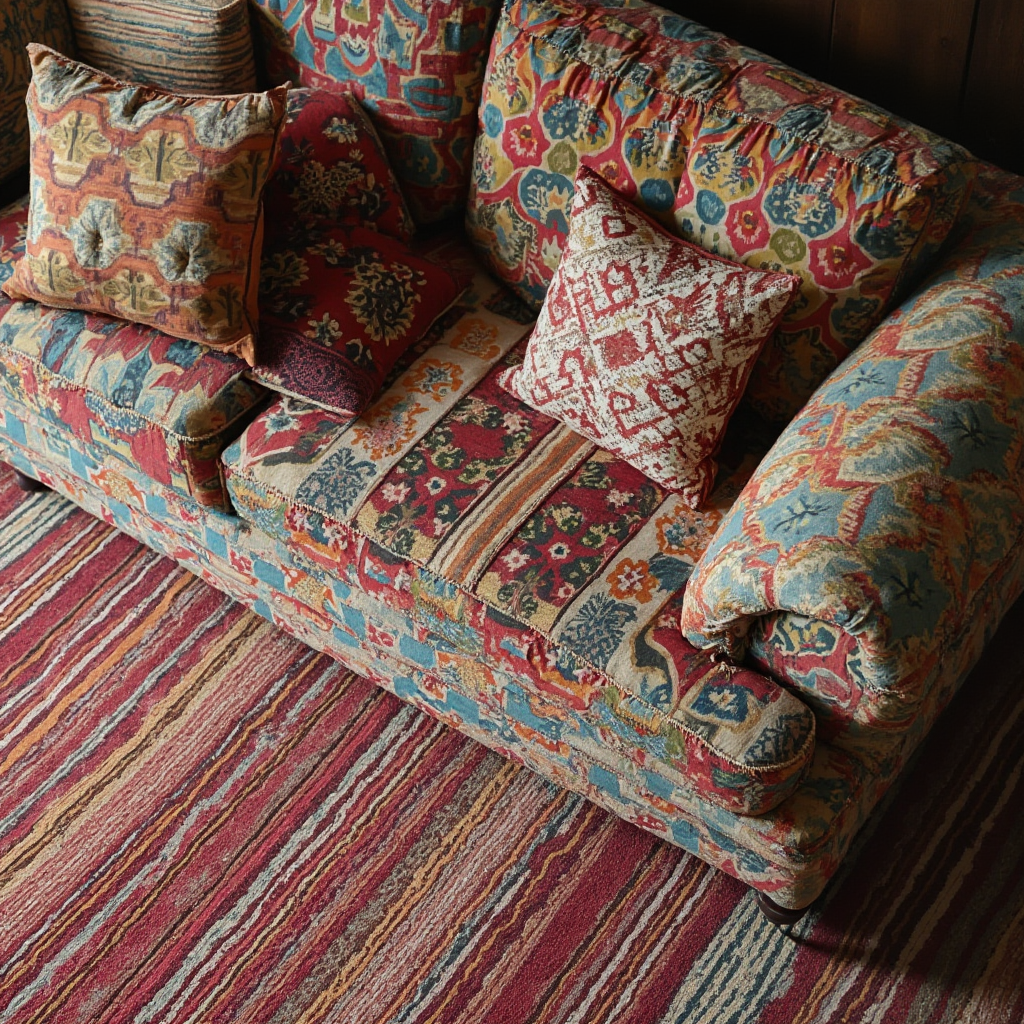 Fragment wzorzystej kanapy boho z poduszkami w geometryczne i kwiatowe motywy, obok dywan w pionowe paski. Kadr z góry ukazujący harmonijne połączenie wzorów.