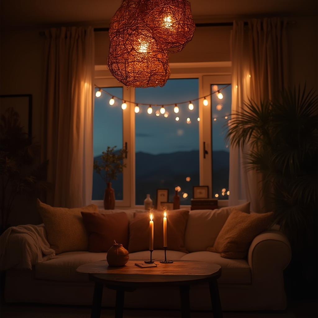 Wieczorna scena w salonie boho z oświetleniem: rattanowy żyrandol, sznur żarówek nad oknem i świeczniki na stole. Kadr z długim czasem naświetlania podkreślającymi ciepło świateł.